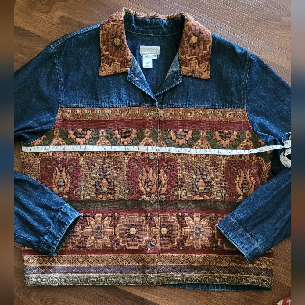 Coldwater Creek Denim and Tapestry Textured Jacket, Women's XL, Blue Jean, Brown - Picture 9 of 10